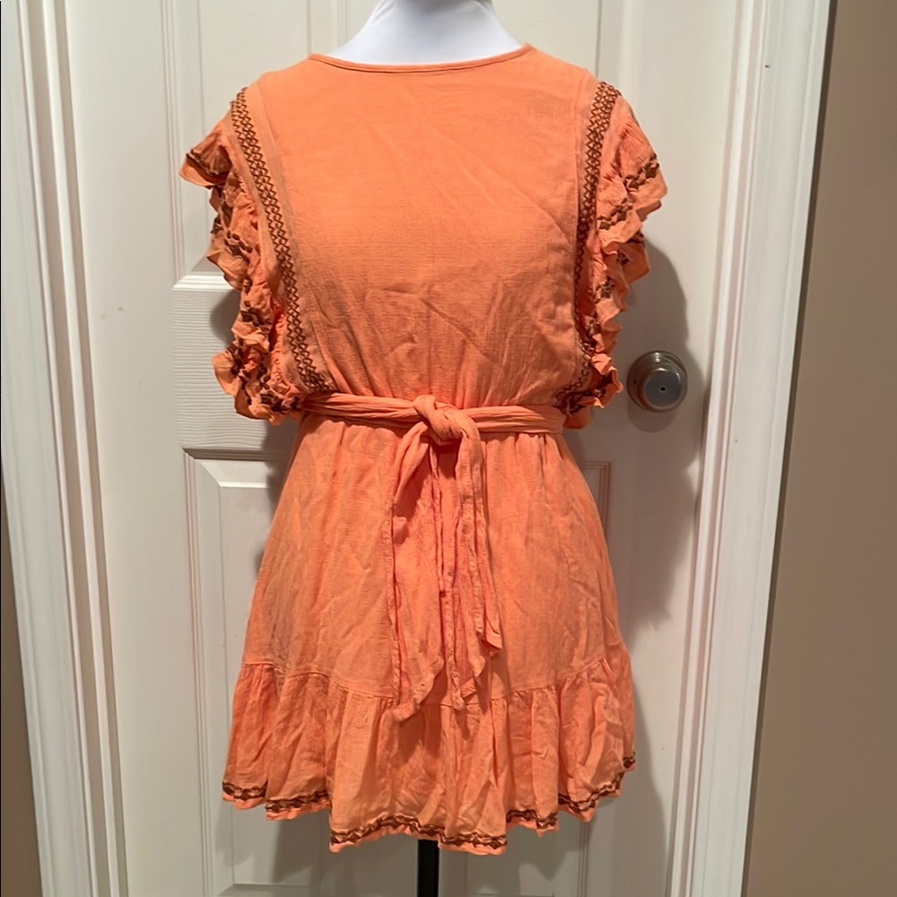 Free People Coral and Bronze Embroidered Short Boho Dress S